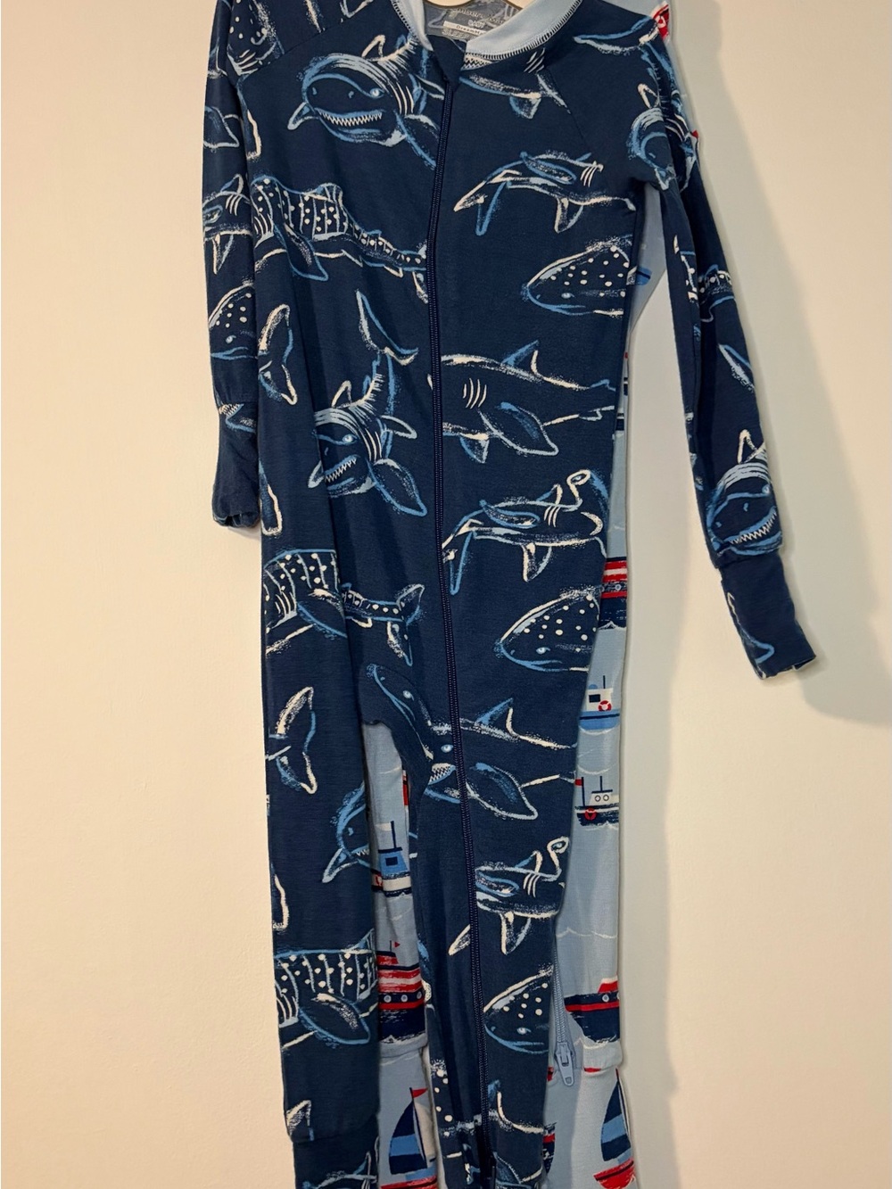Navy Shark & Light Blue Ship Print Kids Zip-Front Pajamas